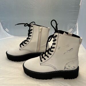 Divided White Combat Boots with Black Soles